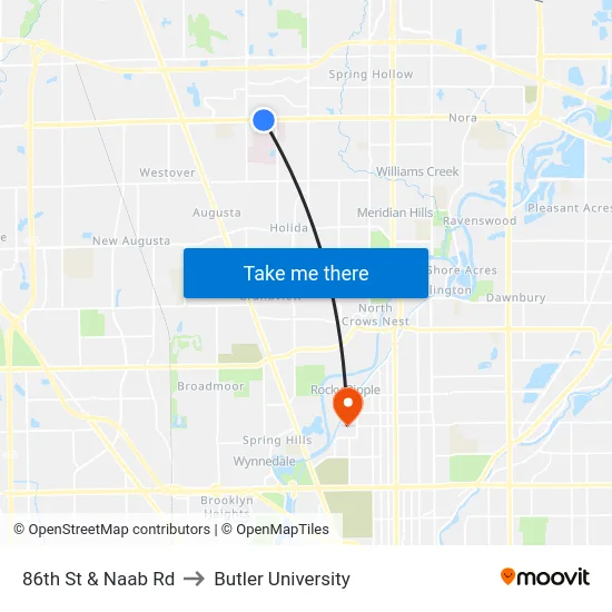 86th St & Naab Rd to Butler University map