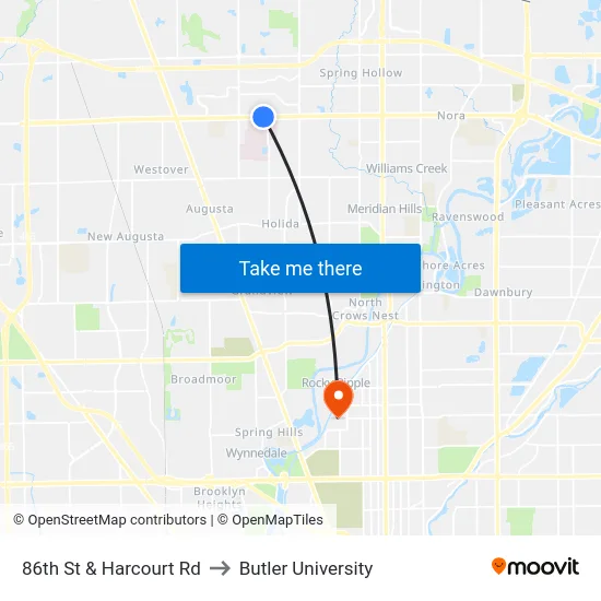 86th St & Harcourt Rd to Butler University map