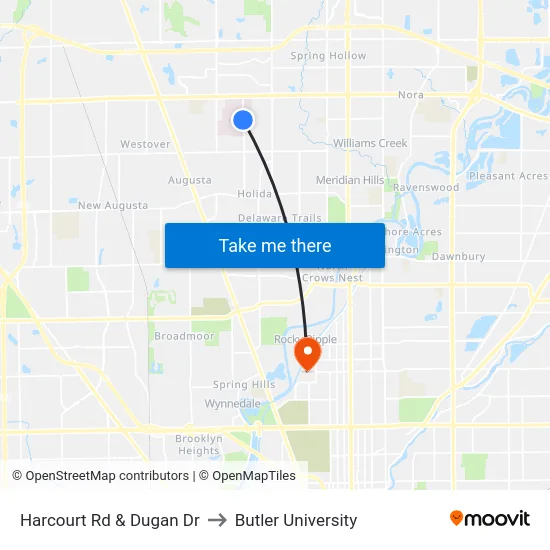 Harcourt Rd & Dugan Dr to Butler University map