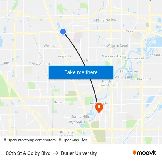 86th St & Colby Blvd to Butler University map