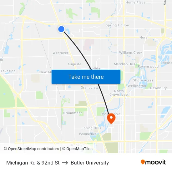 Michigan Rd & 92nd St to Butler University map
