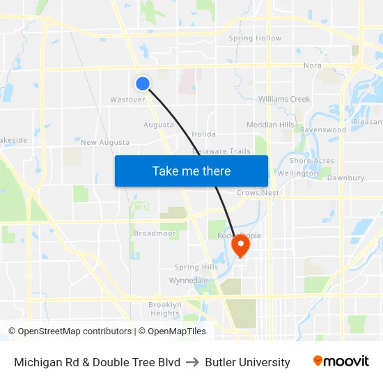 Michigan Rd & Double Tree Blvd to Butler University map
