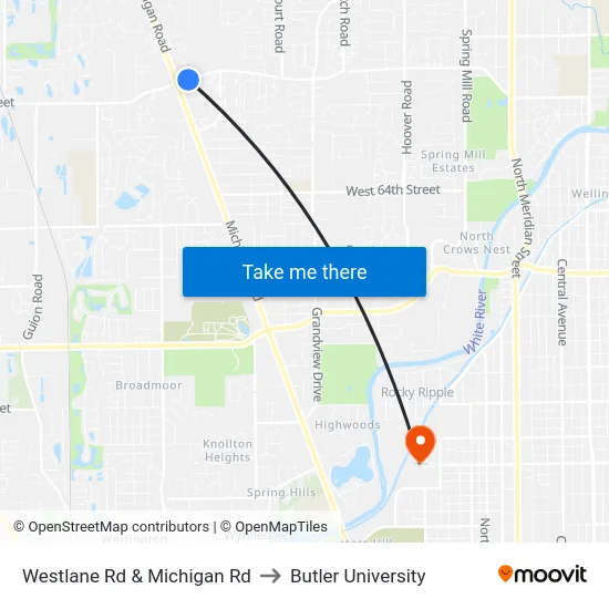 Westlane Rd & Michigan Rd to Butler University map