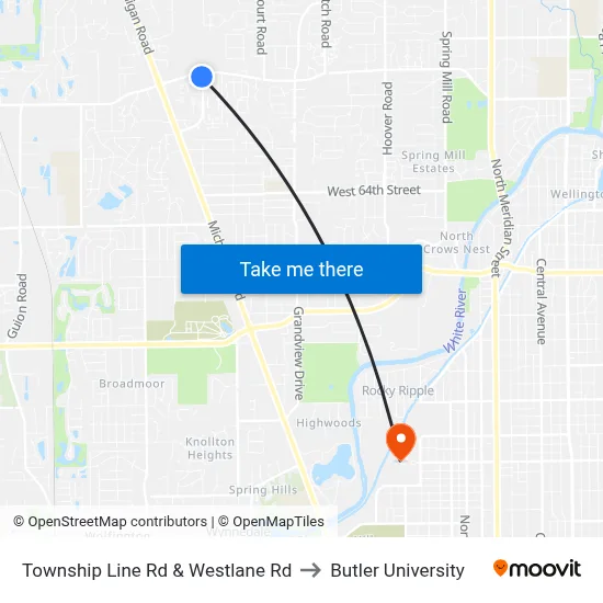 Township Line Rd & Westlane Rd to Butler University map