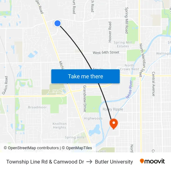 Township Line Rd & Camwood Dr to Butler University map