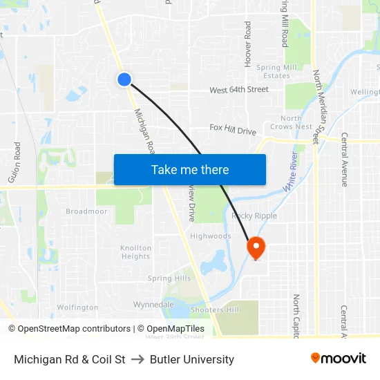 Michigan Rd & Coil St to Butler University map