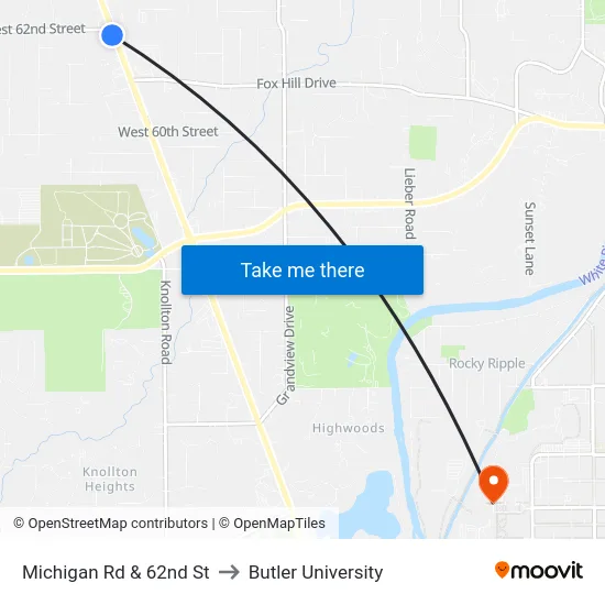 Michigan Rd & 62nd St to Butler University map