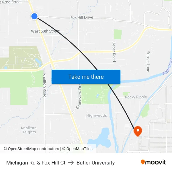 Michigan Rd & Fox Hill Ct to Butler University map