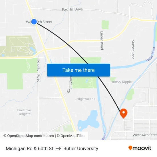 Michigan Rd & 60th St to Butler University map