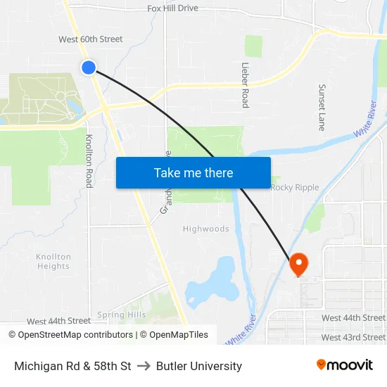 Michigan Rd & 58th St to Butler University map