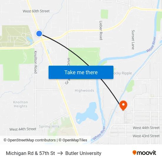 Michigan Rd & 57th St to Butler University map