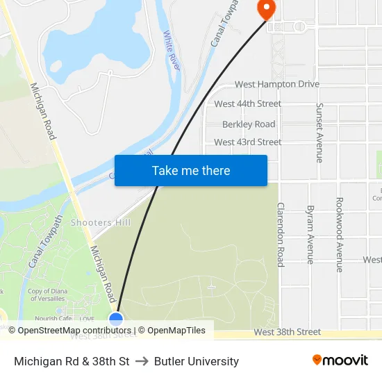 Michigan Rd & 38th St to Butler University map