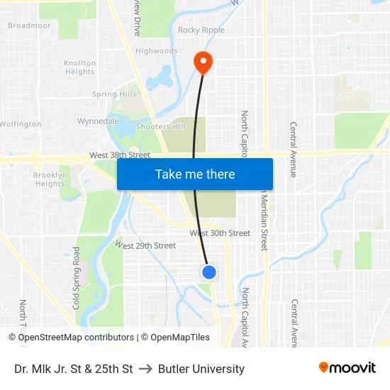 Dr. Mlk Jr. St & 25th St to Butler University map