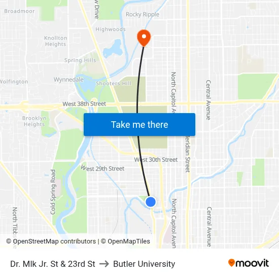Dr. Mlk Jr. St & 23rd St to Butler University map