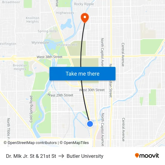 Dr. Mlk Jr. St & 21st St to Butler University map