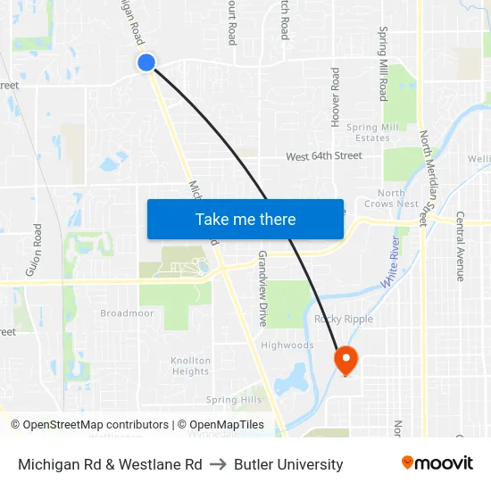 Michigan Rd & Westlane Rd to Butler University map