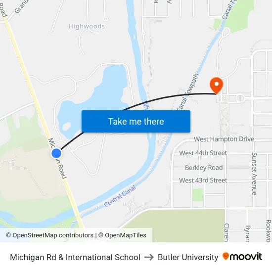 Michigan Rd & International School to Butler University map