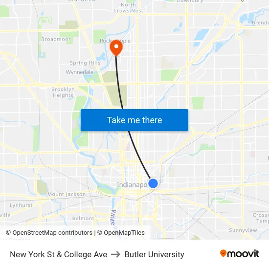 New York St & College Ave to Butler University map