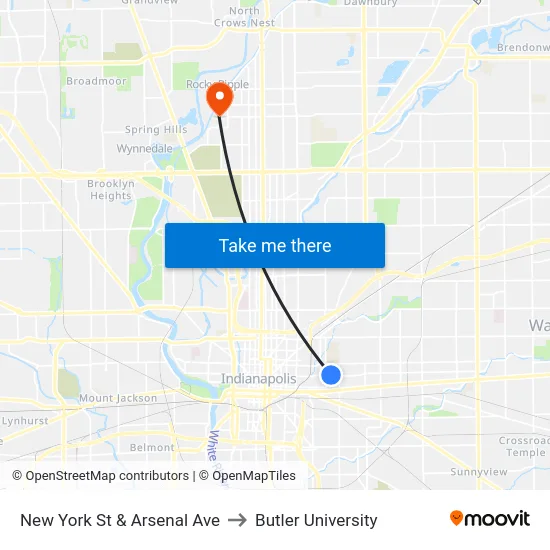 New York St & Arsenal Ave to Butler University map