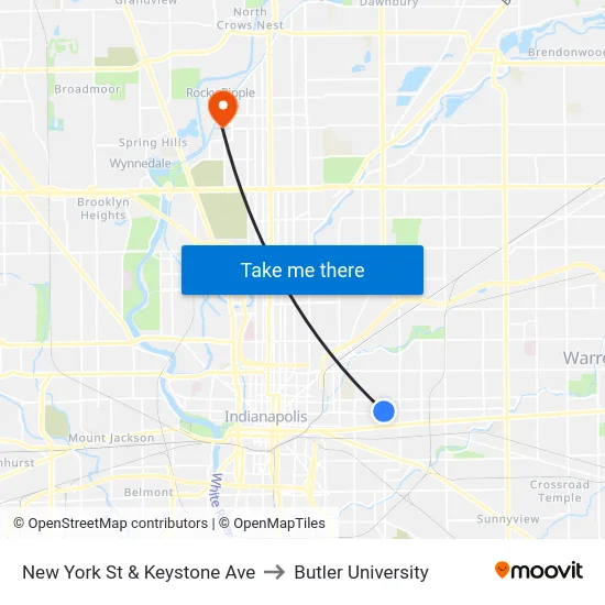 New York St & Keystone Ave to Butler University map