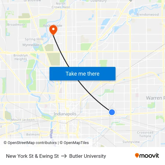 New York St & Ewing St to Butler University map