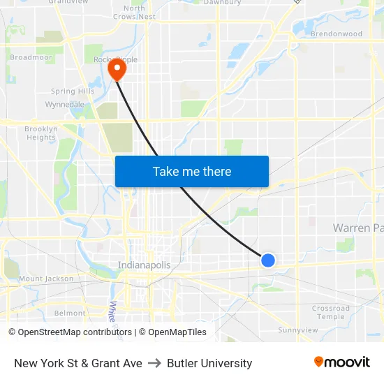 New York St & Grant Ave to Butler University map