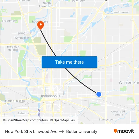 New York St & Linwood Ave to Butler University map