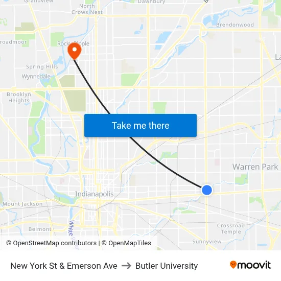 New York St & Emerson Ave to Butler University map