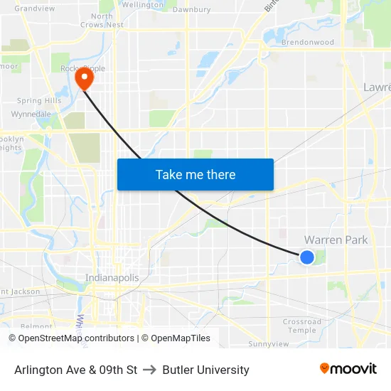 Arlington Ave & 09th St to Butler University map