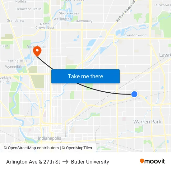 Arlington Ave & 27th St to Butler University map