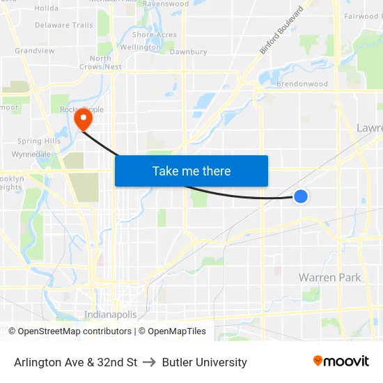 Arlington Ave & 32nd St to Butler University map