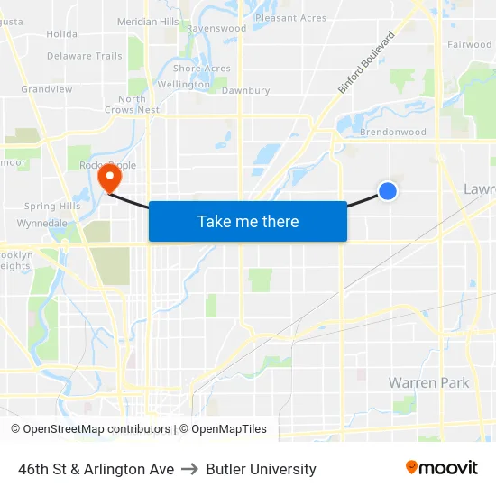 46th St & Arlington Ave to Butler University map