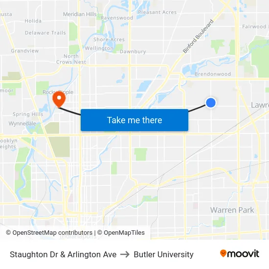 Staughton Dr & Arlington Ave to Butler University map