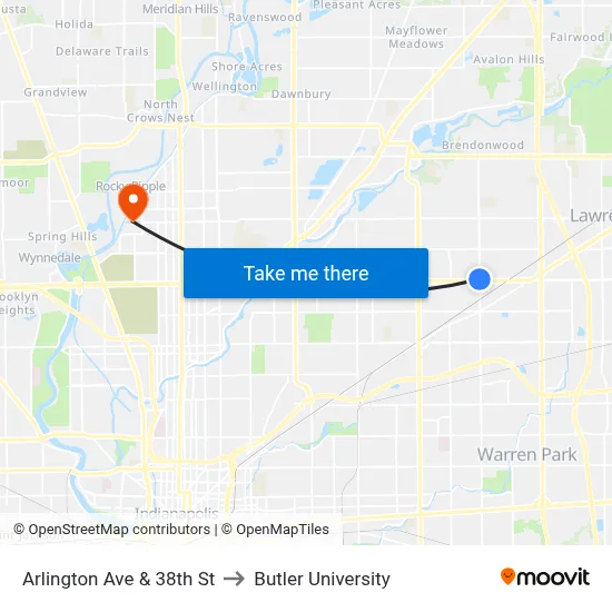 Arlington Ave & 38th St to Butler University map