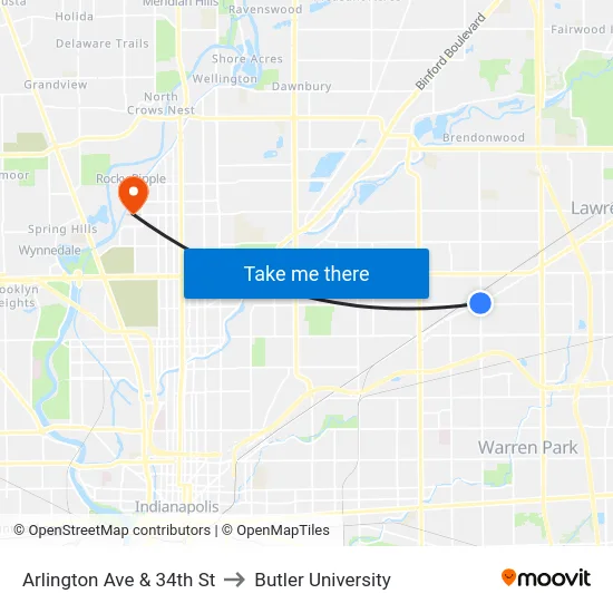 Arlington Ave & 34th St to Butler University map