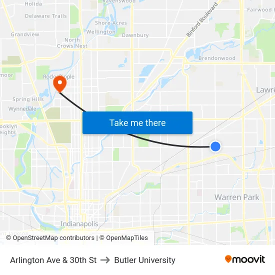 Arlington Ave & 30th St to Butler University map