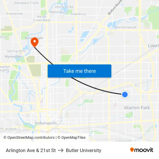 Arlington Ave & 21st St to Butler University map