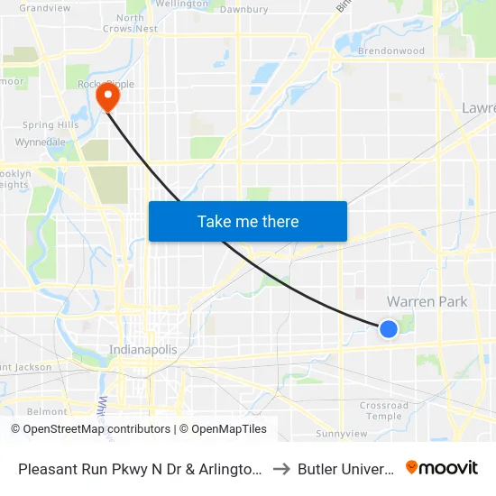 Pleasant Run Pkwy N Dr &  Arlington Ave to Butler University map