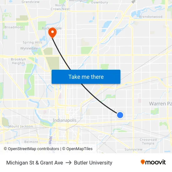 Michigan St & Grant Ave to Butler University map