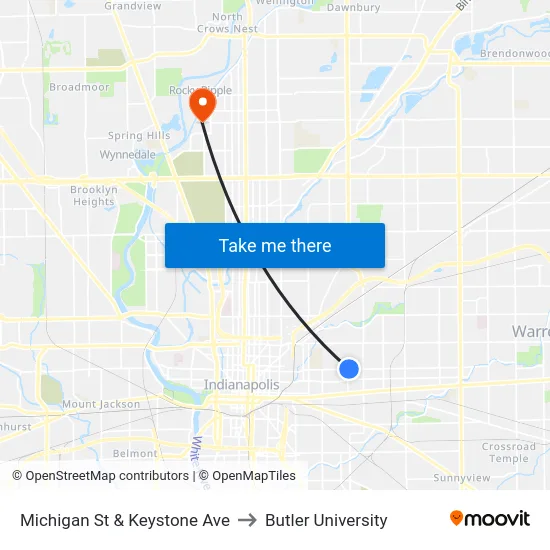 Michigan St & Keystone Ave to Butler University map