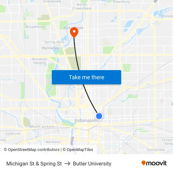 Michigan St & Spring St to Butler University map