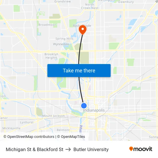 Michigan St & Blackford St to Butler University map