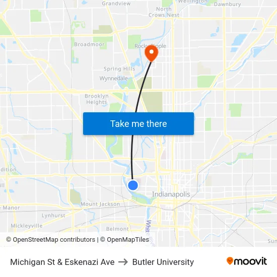 Michigan St & Eskenazi Ave to Butler University map
