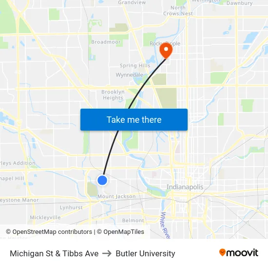 Michigan St & Tibbs Ave to Butler University map