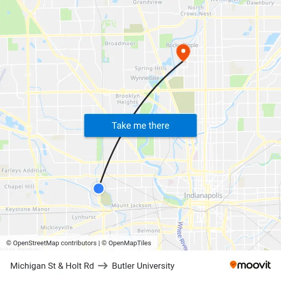 Michigan St & Holt Rd to Butler University map