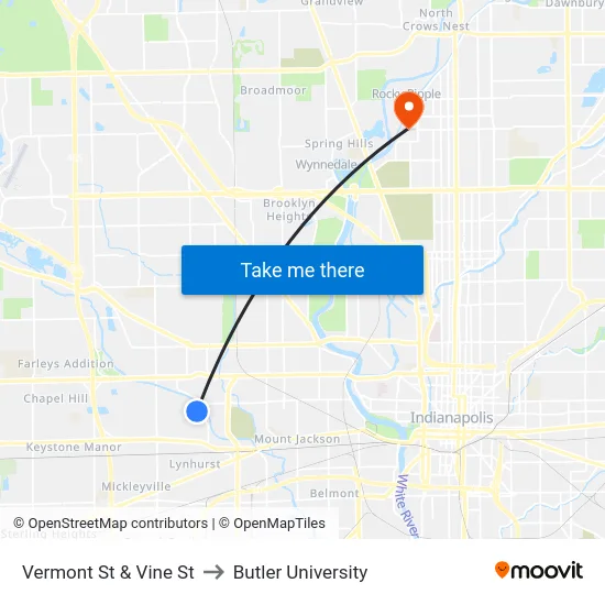 Vermont St & Vine St to Butler University map