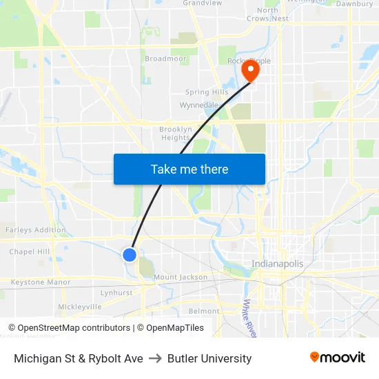 Michigan St & Rybolt Ave to Butler University map