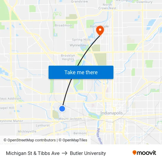 Michigan St & Tibbs Ave to Butler University map