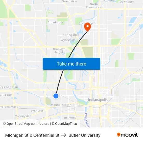 Michigan St & Centennial St to Butler University map
