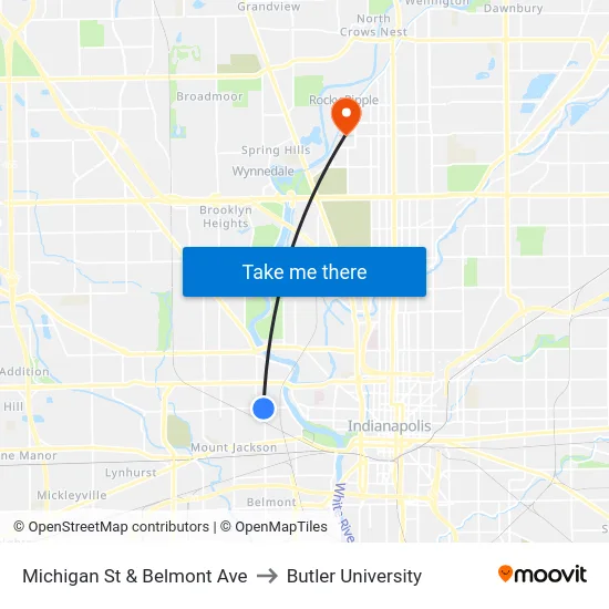 Michigan St & Belmont Ave to Butler University map